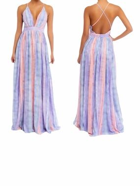Ever After Pastel Watercolor Deep V-Neck Sheer Tulle Maxi Dress Sz S